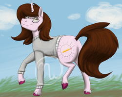 Size: 2500x2000 | Tagged: safe, artist:azurllinate, oc, oc only, oc:summer cascades, pony, unicorn, brown mane, clothes, cloven hooves, female, full body, gift art, glasses, grey sweater, high res, long tail, looking at you, mare, orange eyes, ponysona, smiling, solo, sweater, trotting
