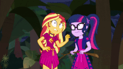 Size: 800x450 | Tagged: safe, screencap, sci-twi, sunset shimmer, twilight sparkle, equestria girls, equestria girls specials, g4, my little pony equestria girls: better together, my little pony equestria girls: spring breakdown, animated, clothes, female, geode of empathy, geode of telekinesis, gif, i've seen enough hentai to know where this is going, legs shaking, magical geodes, plant, sandals, sticks, tentacles, vine
