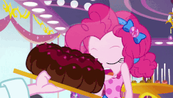 Size: 800x450 | Tagged: safe, screencap, pinkie pie, puffed pastry, equestria girls, equestria girls specials, g4, my little pony equestria girls: better together, my little pony equestria girls: spring breakdown, animated, bundt cake (food), cute, diapinkes, faic, female, food, geode of sugar bombs, magical geodes, open mouth, sleeveless, smiling, triple choco-berry blasted butter biscuit bundt cake, wavy mouth