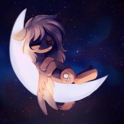 Size: 2000x2000 | Tagged: safe, artist:raily, oc, oc only, oc:mirta whoowlms, pegasus, pony, colored wings, crescent moon, female, high res, mare, moon, night, night sky, scar, sky, sleeping, sleeping on moon, solo, stars, tangible heavenly object, two toned wings, wings, wings down