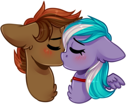 Size: 1888x1556 | Tagged: safe, artist:grapegrass, oc, oc:numbers, oc:shadowheart, pegasus, pony, unicorn, blushing, bust, chest fluff, collar, commission, eyes closed, kissing, shading, shipping, simple background, transparent background