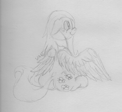 Size: 2653x2438 | Tagged: safe, artist:wapamario63, fluttershy, pegasus, pony, g4, butt, cute, female, flutterbutt, high res, lineart, plot, shyabetes, sitting, sketch, smiling, solo, traditional art, wings