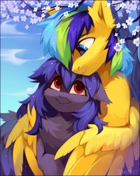 Size: 2400x3000 | Tagged: safe, artist:share dast, oc, oc only, oc:sky, pegasus, pony, cute, cute little fangs, duo, fangs, high res, hug, tree, winghug