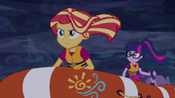 Size: 800x450 | Tagged: safe, screencap, sci-twi, sunset shimmer, twilight sparkle, equestria girls, equestria girls specials, g4, my little pony equestria girls: better together, my little pony equestria girls: spring breakdown, animated, bait and switch, boat, female, gif, lifeboat, lifejacket, ocean, windswept mane