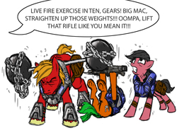 Size: 997x790 | Tagged: safe, artist:wisdom-thumbs, big macintosh, oc, g4, armor, cutie mark, eyes closed, gears of war, grin, male, on back, saddle bag, simple background, smiling, speech bubble, stallion, white background