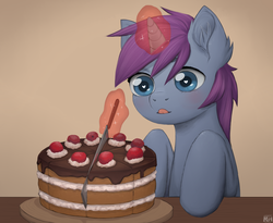 Size: 3900x3200 | Tagged: source needed, useless source url, safe, artist:richie, oc, oc only, oc:mobian, pony, unicorn, :p, black forest cake, blushing, cake, commission, cute, ear fluff, food, high res, knife, magic, portal (valve), silly, simple background, solo, table, telekinesis, the cake is a lie, tongue out, ych result