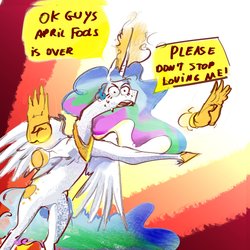 Size: 3200x3200 | Tagged: safe, artist:alumx, princess celestia, alicorn, pony, g4, april fools, dialogue, female, glowing horn, hand, high res, horn, magic, magic hands, solo, sweat