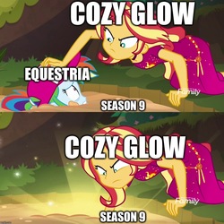 Size: 1080x1080 | Tagged: safe, rainbow dash, sunset shimmer, equestria girls, g4, season 9, spring breakdown, caption, cozy glow's true goal, image macro, implied cozy glow, jungle, pure concentrated unfiltered evil of the utmost potency, quicksand, quicksand meme, text