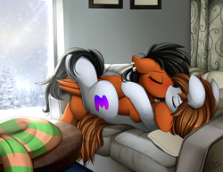 Size: 3300x2550 | Tagged: safe, artist:pridark, oc, oc only, earth pony, pegasus, pony, blushing, clothes, commission, couch, cutie mark, duo, ear piercing, earring, eyes closed, female, high res, indoors, jewelry, kiss on the lips, kissing, male, mare, oc x oc, piercing, scarf, shipping, snow, stallion, straight, tree, window, winter