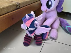 Size: 2048x1536 | Tagged: safe, artist:nekokevin, starlight glimmer, twilight sparkle, alicorn, pony, unicorn, series:nekokevin's glimmy, g4, 4de, clothes, female, irl, mare, open mouth, photo, plushie, sitting, size difference, smiling, socks, spread wings, starlight's little twibird, striped socks, twilight sparkle (alicorn), wings