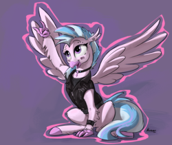 Size: 1807x1528 | Tagged: safe, artist:kam, silverstream, classical hippogriff, hippogriff, g4, aura, bracelet, choker, clothes, cute, devil horn (gesture), diastreamies, ear piercing, female, fluffy, jacket, jewelry, leather jacket, leg fluff, looking up, open mouth, piercing, punk, purple background, quadrupedal, shirt, simple background, smiling, solo, spread wings, unshorn fetlocks, wings