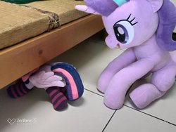 Size: 2048x1536 | Tagged: safe, artist:nekokevin, starlight glimmer, twilight sparkle, alicorn, pony, unicorn, series:nekokevin's glimmy, g4, 4de, clothes, female, hide and seek, hiding, irl, mare, open mouth, photo, plushie, sitting, size difference, smiling, socks, spread wings, starlight's little twibird, striped socks, twilight sparkle (alicorn), wings