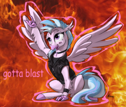 Size: 1807x1528 | Tagged: safe, artist:kam, silverstream, classical hippogriff, hippogriff, g4, choker, claws, clothes, comic sans, dialogue, female, fire, punk, quadrupedal, text, wings