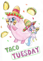 Size: 2396x3448 | Tagged: safe, artist:roshichen, oc, oc:fluffle puff, cat, pony, catified, crossover, duo, food, high res, lego, maracas, musical instrument, sombrero, species swap, taco, the lego movie, traditional art, unikitty