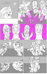 Size: 6125x9671 | Tagged: safe, artist:cactuscowboydan, caboose, full steam, promontory, silver lining, silver zoom, sunburst, oc, oc:king speedy hooves, alicorn, earth pony, pegasus, pony, unicorn, comic:fusing the fusions, comic:the bastion of canterlot, g4, alicorn oc, book, canterlot, canterlot castle, cape, clothes, comic, commissioner:bigonionbean, conductor hat, coughing, dialogue, forced, fusion, fusion:big macintosh, fusion:flash sentry, fusion:shining armor, fusion:trouble shoes, gas, glasses, goggles, gymnasium, hat, magic, male, out of control magic, potion, sketch, stallion, uniform, wonderbolts uniform, writer:bigonionbean