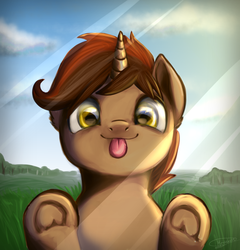Size: 998x1038 | Tagged: safe, artist:megabait, oc, oc only, oc:shadowheart, pony, unicorn, :p, against glass, cloud, glass, grass, hooves up, looking at you, male, silly, solo, stallion, staring into your soul, tongue out, window, ych result