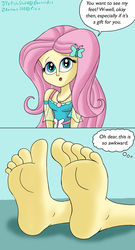 Size: 1280x2363 | Tagged: safe, artist:jfetishstuff, fluttershy, equestria girls, g4, barefoot, clothes, dialogue, dress, eyeshadow, feet, female, fetish, flutterfeet, foot fetish, foot focus, jewelry, makeup, necklace, open mouth, soles, solo, speech bubble, thought bubble, toes