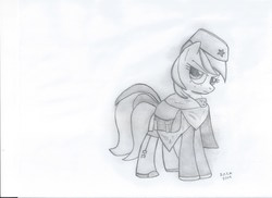 Size: 2338x1700 | Tagged: safe, artist:stuckonthemoon, pony, fallout equestria, fallout equestria: crossroads, military uniform, monochrome, red guardsmare, simple background, sketch, solo, traditional art, white background