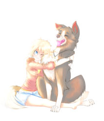 Size: 3000x3500 | Tagged: safe, artist:asimplerarity, applejack, winona, dog, human, g4, barefoot, cute, duo, feet, high res, hug, humanized, jackabetes, one eye closed, simple background, white background