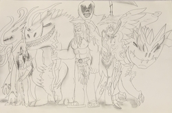 Size: 1500x981 | Tagged: safe, artist:takengrin endmmar, derpibooru exclusive, oc, oc only, oc:azearia, oc:fåçmindile, oc:kanåtoüx the wise elder, oc:messifilies, oc:orícoria, alicorn, badger, dragon, anthro, abs, alicorn oc, beard, death, dragon god, facial hair, goddess, gods, greek mythology, grim reaper, high heel claws, jewelry, long dress, necktie, regalia, stitched mouth, tentacles, traditional art, zeus