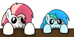 Size: 2000x1000 | Tagged: safe, artist:toyminator900, oc, oc only, oc:aureai, oc:cyan lightning, pegasus, pony, unicorn, :3, colt, female, looking at you, male, mare, simple background, table, transparent background