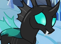 Size: 982x720 | Tagged: safe, screencap, thorax, changeling, g4, the times they are a changeling, confused, male, raised eyebrow, snow, solo