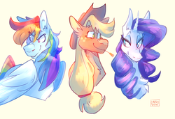 Size: 3840x2631 | Tagged: safe, artist:linklyshow, applejack, rainbow dash, rarity, earth pony, pegasus, pony, unicorn, g4, bust, female, high res, line-up, signature, smiling, smirk, straw in mouth, trio, trio female