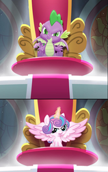 Size: 1032x1632 | Tagged: safe, editor:horsesplease, part of a set, princess flurry heart, spike, dragon, pony, g4, season 9, >:), claws, evil grin, king spike, male, s9 throne series, smiling, throne, winged spike, wings