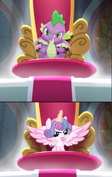 Size: 1032x1632 | Tagged: safe, editor:horsesplease, part of a set, princess flurry heart, spike, dragon, pony, g4, season 9, >:), claws, evil smile, king spike, male, s9 throne series, smiling, throne, winged spike, wings