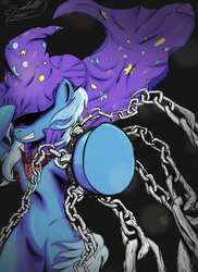 Size: 2550x3509 | Tagged: safe, artist:omega-scarlett, trixie, pony, g4, alicorn amulet, cape, chains, clothes, hat, high res, simple background, trixie's cape, trixie's hat