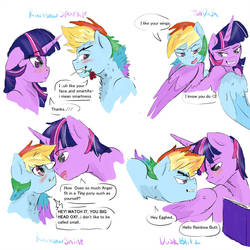 Size: 894x894 | Tagged: safe, artist:captainloafnugget, rainbow dash, twilight sparkle, alicorn, pegasus, pony, g4, angry, blushing, book, dialogue, duo, dusk shine, female, flower, flower in mouth, gay, half r63 shipping, lesbian, looking at each other, male, mare, rainbow blitz, rose, rose in mouth, rule 63, ship:duskblitz, ship:duskdash, ship:twiblitz, ship:twidash, shipping, simple background, smiling, stallion, straight, twilight sparkle (alicorn), white background, wings
