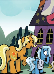 Size: 454x616 | Tagged: safe, idw, sunflower spectacle, trixie, pony, unicorn, g4, spoiler:comic, comic, cropped, duo, eyes closed, female, filly, filly trixie, nervous, younger