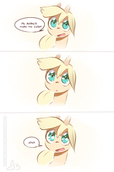 Size: 1860x2815 | Tagged: safe, artist:icychamber, applejack, earth pony, pony, g4, 3 panel comic, :o, bust, cute, female, hnnng, jackabetes, laughing, lidded eyes, looking at you, mare, open mouth, simple background, smiling, solo, speech bubble, talking to viewer, white background