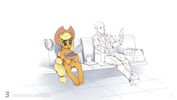 Size: 3840x2162 | Tagged: safe, artist:icychamber, applejack, earth pony, human, pony, airport, applejack's hat, aside glance, bag, baked beans, beans, briefcase, clothes, cowboy hat, cute, duo, female, food, frown, hat, hoof fluff, hoof hold, jackabetes, leaning, looking at something, male, man, mare, necktie, partial color, simple background, sitting, sketch, smiling, suit, white background