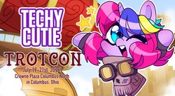 Size: 2048x1126 | Tagged: safe, artist:techycutie, oc, oc only, oc:techy twinkle, pony, unicorn, trotcon, advertisement, artist alley, chibi, clothes, convention, cute, goggles, jacket, scarf, solo, stars, wings