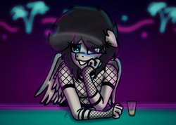 Size: 1961x1396 | Tagged: safe, pegasus, anthro, drunk, fishnet stockings, monochrome, request, requested art, solo, vaporwave, vaporwave style