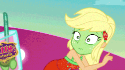 Size: 800x450 | Tagged: safe, edit, edited screencap, screencap, applejack, pinkie pie, equestria girls, equestria girls specials, g4, my little pony equestria girls: better together, my little pony equestria girls: spring breakdown, 3:, animated, clothes, covering mouth, cup, dress, drink, female, filly (dracco), filly funtasia, filly funtasia drama, frown, glass, green, green face, gritted teeth, kiwi fruit, lidded eyes, nauseous face, offering, puffy cheeks, punch (drink), punch bowl, seasickness, sleeveless, straw, take that, wide eyes