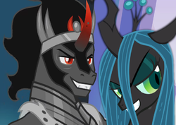 Size: 1149x812 | Tagged: safe, screencap, king sombra, queen chrysalis, changeling, changeling queen, pony, unicorn, g4, season 9, 2019, female, male, ship:chrysombra, shipping, smiling, smirk, smug, straight, throne room