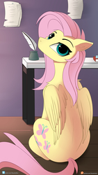 Size: 2160x3840 | Tagged: safe, artist:axtkatze, fluttershy, pegasus, pony, g4, book, cute, desk, ear fluff, female, floppy ears, fluffy, high res, lidded eyes, looking at you, looking back, looking back at you, mare, paper, patreon, patreon logo, quill, shoulder fluff, shyabetes, sitting, solo, table, wing fluff, wings
