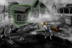 Size: 3000x2000 | Tagged: dead source, safe, artist:hereticofdune, oc, oc only, oc:littlepip, pony, unicorn, fallout equestria, bandolier, bone, boxcar, city, cityscape, clothes, cloud, cloudy, cutie mark, fanfic, fanfic art, female, glowing horn, gun, high res, hooves, horn, jumpsuit, levitation, looking at you, magic, mare, monochrome, partial color, pipbuck, ruins, shotgun, solo, sparkle cola, telekinesis, train, train yard, vault suit, wasteland, weapon