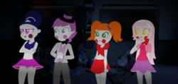 Size: 2956x1408 | Tagged: safe, artist:saviray, artist:toybonnie54320, artist:yaya54320, equestria girls, g4, ballerina, ballora, barely eqg related, base used, circus baby, clothes, crossover, equestria girls style, equestria girls-ified, five nights at freddy's, five nights at freddy's: sister location, funtime foxy, funtime freddy, hat, top hat
