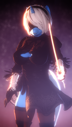 Size: 2160x3840 | Tagged: safe, artist:dashie116, trixie, anthro, g4, 2b, 3d, alternate hairstyle, blindfold, boots, clothes, cosplay, costume, dress, gloves, high res, nier: automata, shoes, solo, source filmmaker, sword, thigh boots, weapon
