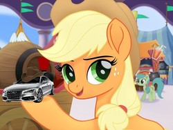 Size: 621x467 | Tagged: safe, edit, edited screencap, screencap, applejack, earth pony, pony, g4, my little pony: the movie, applejack's hat, audi, background pony, canterlot, car, cart, cowboy hat, cropped, female, friendship festival, hat, howdy, mare, market, meme, pun, shitposting, solo focus, unnamed character, unnamed pony, visual pun
