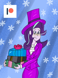 Size: 1360x1816 | Tagged: safe, artist:ajustice90, snowfall frost, starlight glimmer, equestria girls, g4, clothes, female, glasses, hat, looking at you, patreon, patreon logo, present, snow, solo, suit, top hat