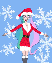 Size: 1920x2325 | Tagged: safe, artist:ajustice90, princess celestia, human, g4, christmas, clothes, costume, female, holiday, humanized, looking at you, santa costume, simple background, solo