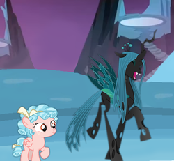 Size: 1356x1252 | Tagged: artist needed, safe, cozy glow, queen chrysalis, changeling, changeling queen, pegasus, pony, g4, season 9, 2019, duo, eyes closed, female, filly, foal, prancing, tartarus