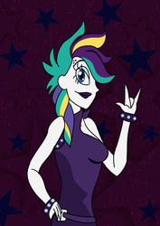Size: 729x1032 | Tagged: safe, artist:ajustice90, rarity, human, equestria girls, g4, alternate hairstyle, clothes, female, looking at you, profile, punk, raised hand, raripunk, side view, sidemouth, solo, stars, studded bracelet