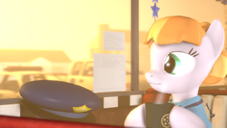 Size: 1920x1080 | Tagged: safe, artist:spinostud, copper top, pony, g4, 3d, car, coffee, coffee mug, female, hat, mare, mug, police, police car, police officer, police pony, police uniform, solo, source filmmaker