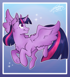 Size: 2690x2950 | Tagged: safe, artist:softinen, twilight sparkle, alicorn, pony, g4, female, flying, gradient background, high res, mare, solo, sparkles, twilight sparkle (alicorn)
