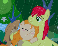 Size: 1031x807 | Tagged: safe, screencap, bright mac, pear butter, earth pony, pony, g4, the perfect pear, cropped, female, hug, male, rain, ship:brightbutter, shipping, straight